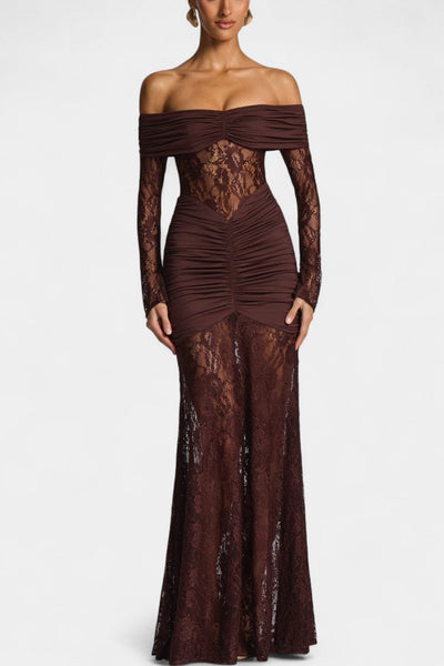Bruma Vestido Maxi de Encaje con Ruches sin Tirantes