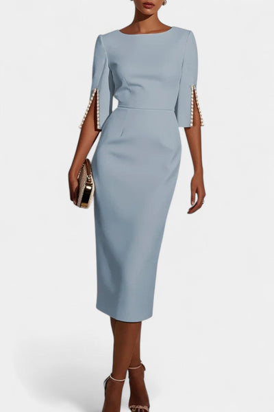 Reece Vestido Midi con Perlas y Cuello Redondo