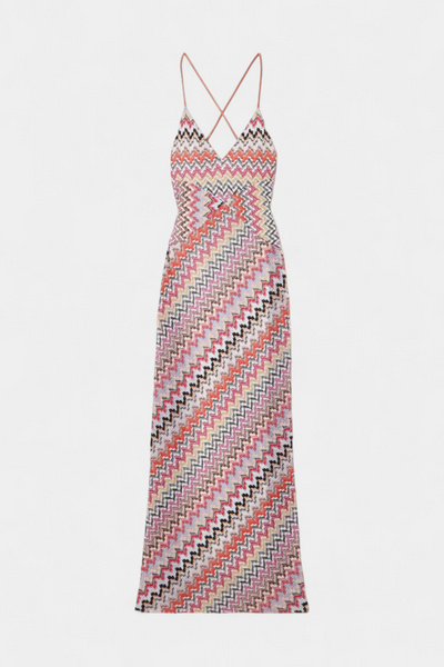 Francia Vestido Largo de Punto Multicolor con Escote Profundo y Espalda Cruzada