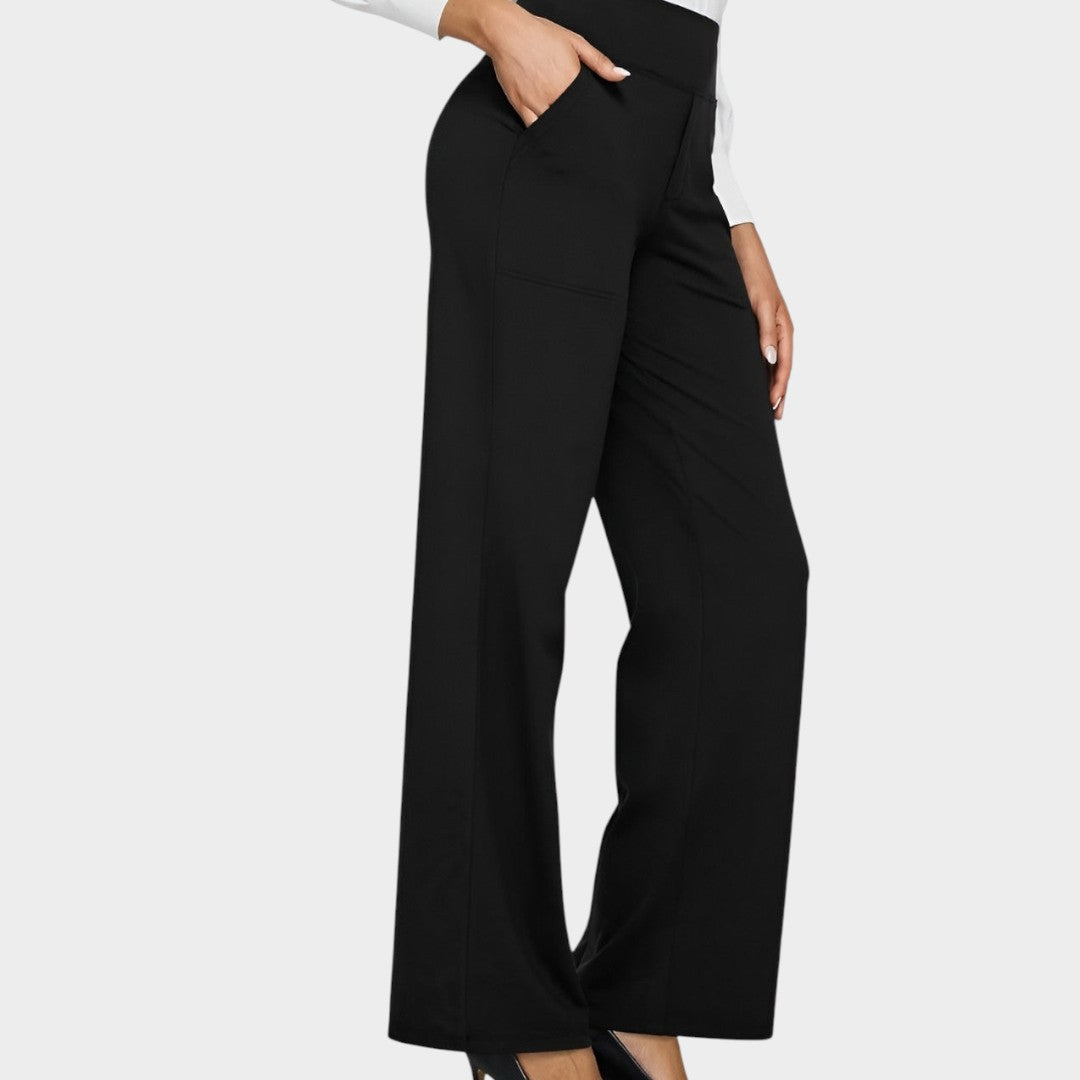 Pantalones de mujer de pierna ancha con cintura alta y bolsillos laterales